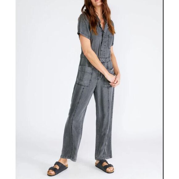 Zara Pants - Zara Ash Gray Wash Tencel Boho Short Sleeve Button Front Utility Jumpsuit Small